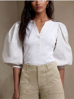 Chicos Faux Leather Sleeve Henley Ribbed Top Ivory Size 1 or Medium